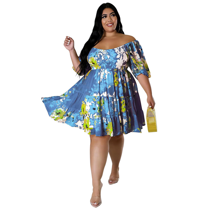 Plus Size Off Shoulder Floral Dress With Puff Sleeves, Flowy Swing Midi Dress For Women_ecoleips.com
