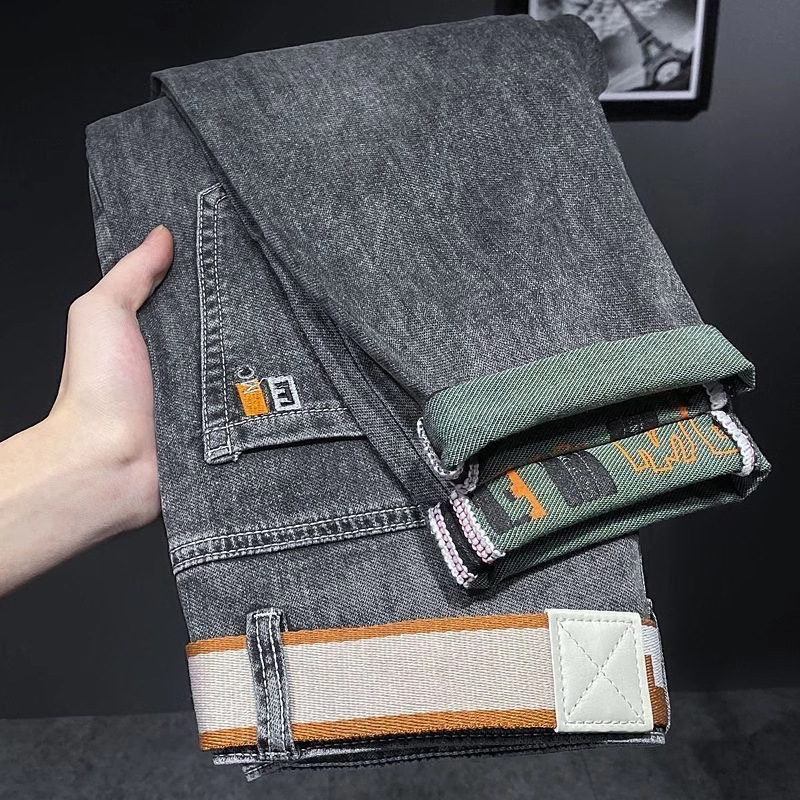High-end Men's Jeans Spring and Autumn New All-match Trendy Stretch Small Straight Tube Ash Printing Long Pants Washed