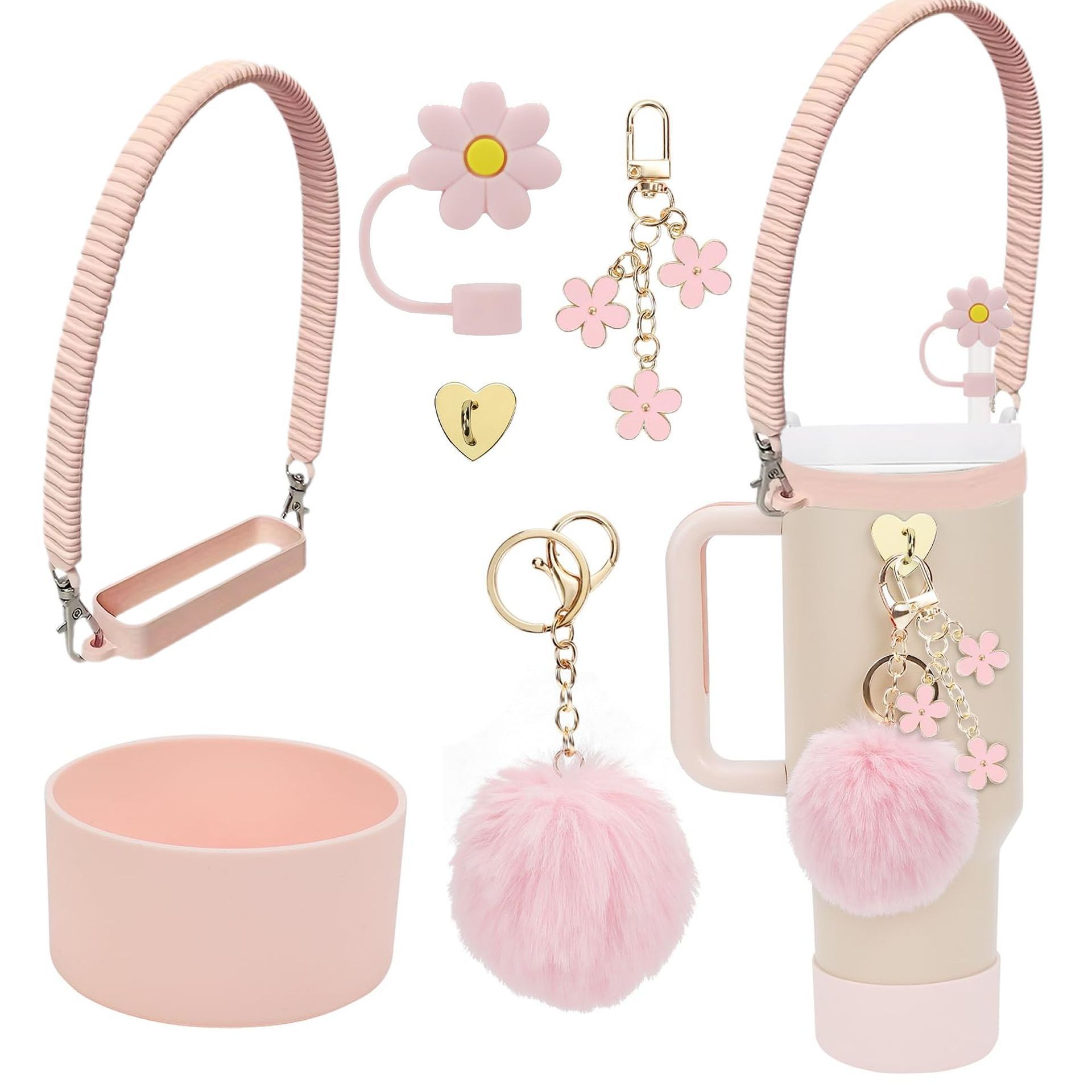 7pcs taza Stanley cuerda de mano colgante de silicona flor tapa de pajita bola de felpa colgante de copa cadena de taza de color