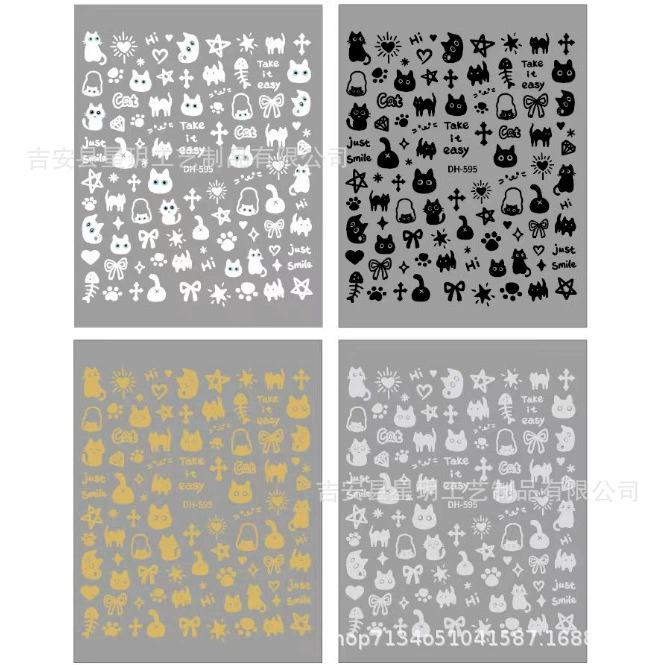 Милые наклейки для ногтей с котом, модные, хит продаж, золотые и серебряные, черно-белые, аксессуары для ногтей с изображением кошек, наклейки оптом