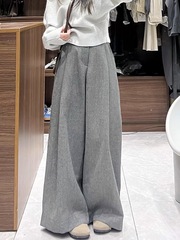 2025新灰色加厚裤子女秋季bf慵懒风拖地休闲大码高腰气质阔腿长裤