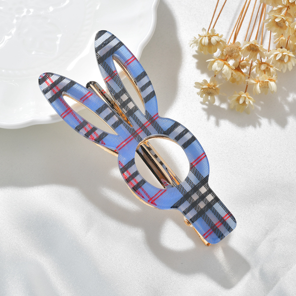 Geometric Pattern Women'S Gender Red, Blue Color Fashion Acrylic Cloth Girl Cute Rabbit Plaid Hairpin Bb Clip