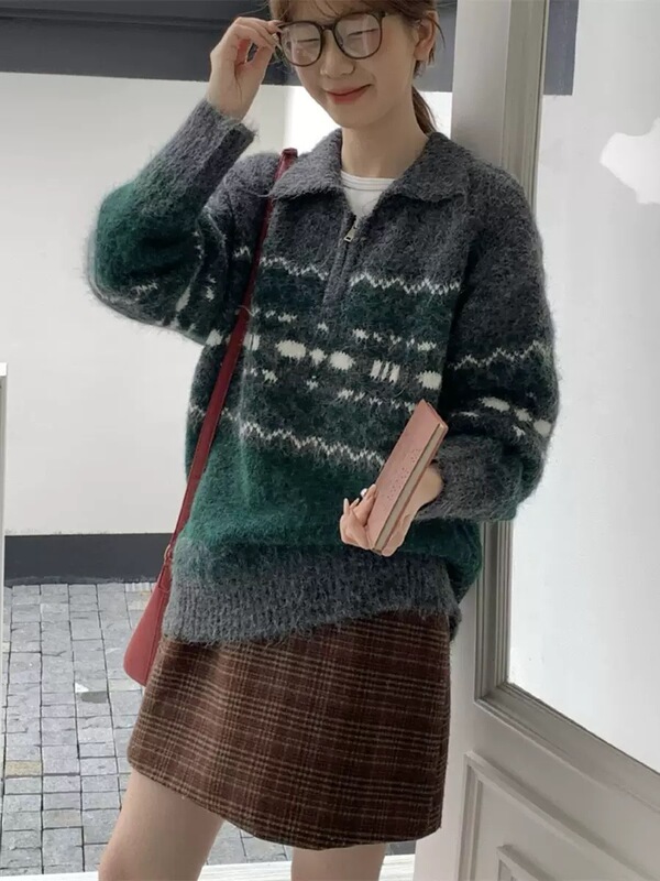 复古费尔岛半拉链翻领套头毛衣女2025秋冬新款韩系宽松软糯针织衫|undefined