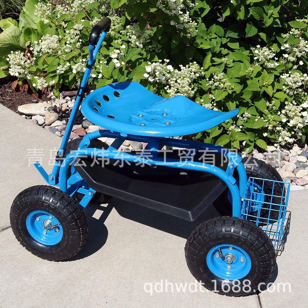 伸缩把手坐车带后筐四轮座椅车 花园工具车园艺移动车garden cart