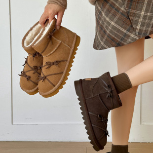 Lace-Up Bow Short-Tube Velvet Thick-Soled Snow Boots for Women 2025 Winter New Style Slip-On Warm Fur Boots