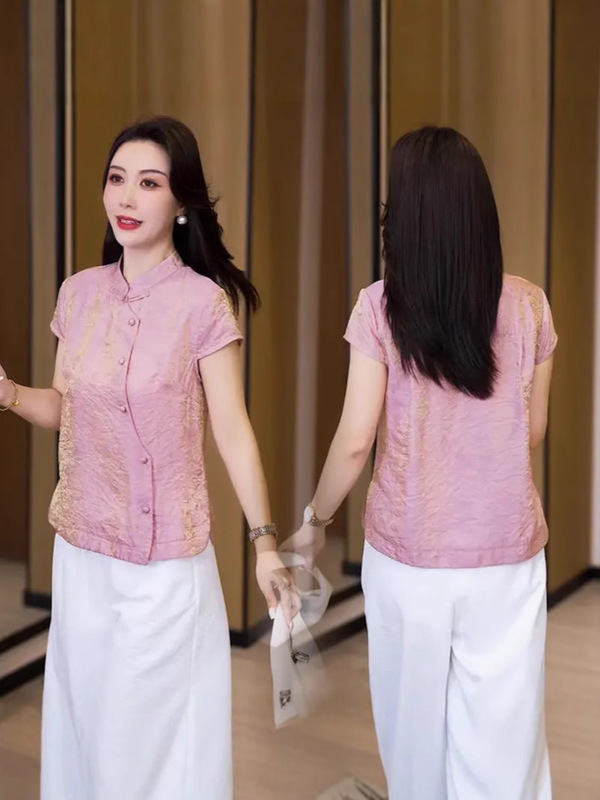 新しい中国風の女性の半袖スタンドカラーチャイナスタイルシャツトップ薄い女性のファッショナブルなTシャツ偏心ボトムシャツ大きいサイズ|undefined