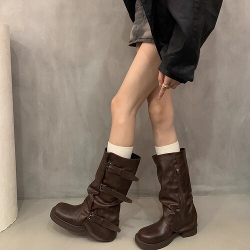 Stylish and Gorgeous Mid-Center Boots for Women, New Arrival Bestseller, Ultra-Hot Pile Leather Boots with Thick Heels, Brown Short Boots