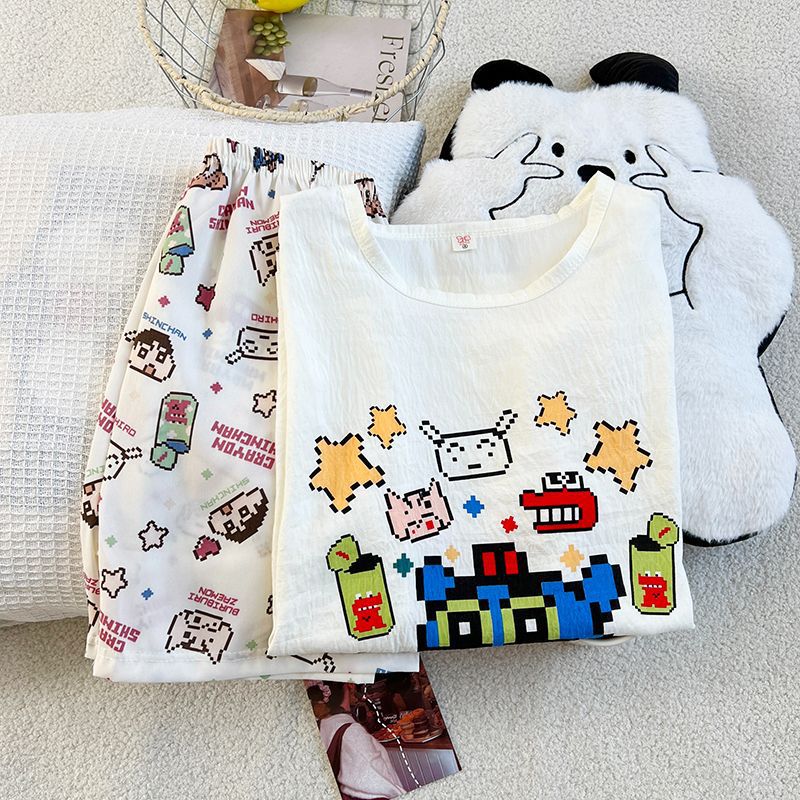 Pijamas de tres piezas jersey de verano para mujer traje de servicio a domicilio dulce y lindo nube algodón cuello redondo pantalones cortos de manga corta pantalones cortos