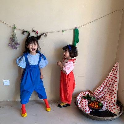 Children Set 2021 A summer girl Korean Edition puff sleeve jacket Suspenders Two piece set children leisure time Children's clothing