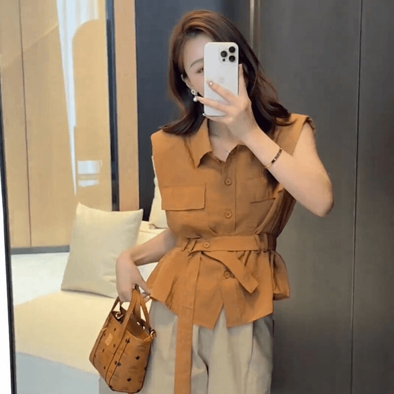 French-Style Sleeveless Shirt for Women, New Summer Blouse with a Stylish Design and Tie-Up Style, Elegant Ladies' Top French-Style Sleeveless Shirt for Women, New Summer Blouse with a Stylish Design and Tie-Up Style, Elegant Ladies' Top