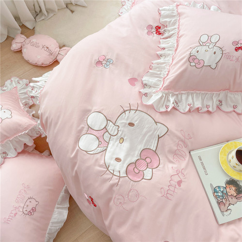 Girly heart 60 count long-staple cotton four-piece set 100% cotton pink Kitty cat patch embroidered lace quilt cover bedding