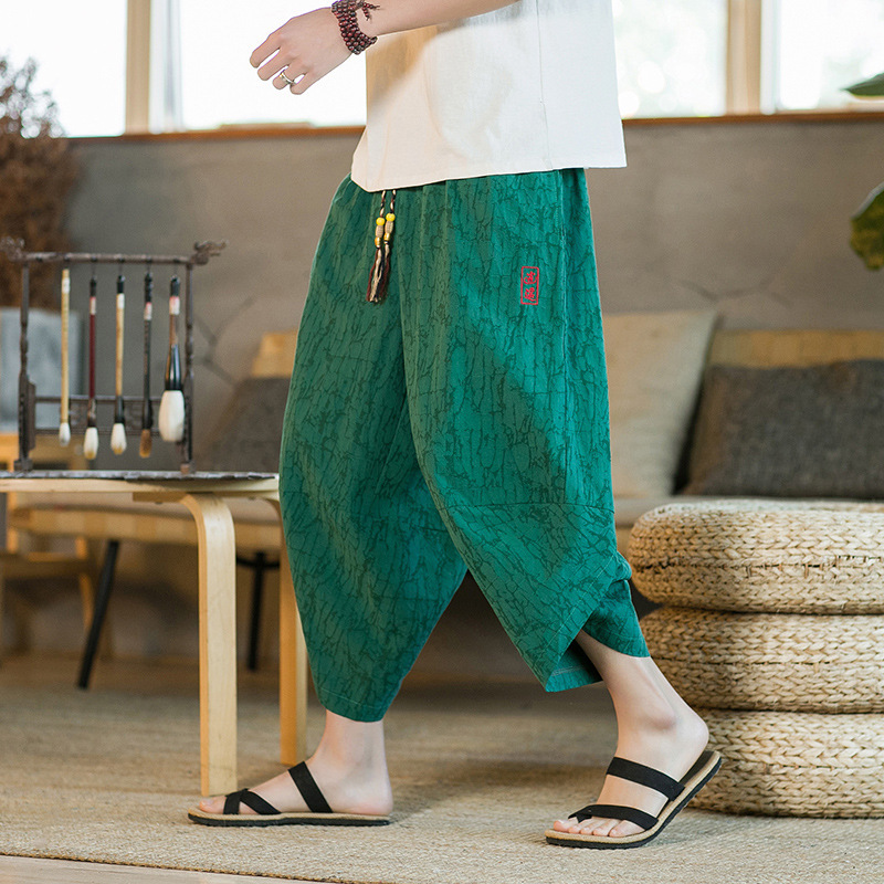 Summer men's cropped linen pants Chinese style jacquard pants cotton linen casual pants loose plus size cropped harem pants Summer men's cropped linen pants Chinese style jacquard pants cotton linen casual pants loose plus size cropped harem pants