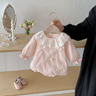 Baby Romper for Autumn: Stylish Lace Collar with Bowknot for Baby Girls' Full Moon Celebration, Outing, and Crawling