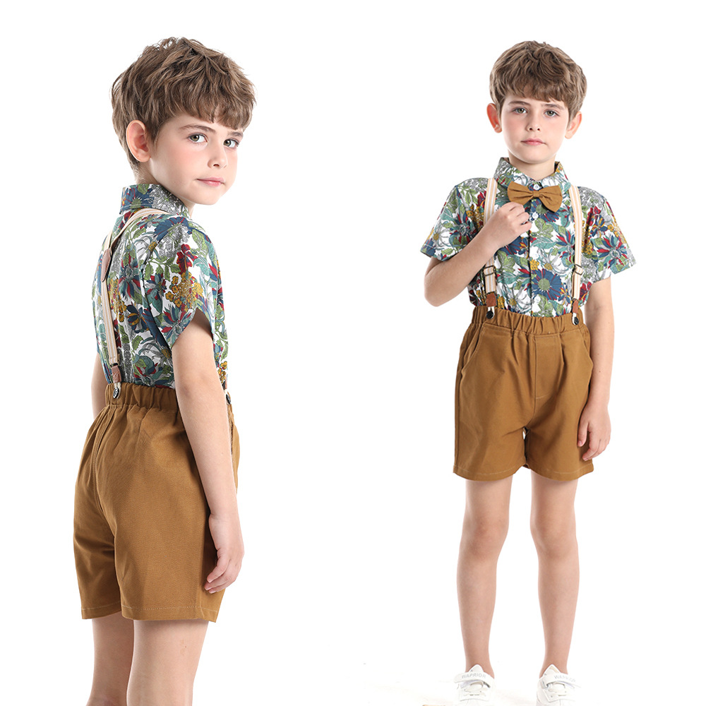 Mother & Kids children's suits boys short-sleeved printed shirt overalls bow tie beach style cross-border children's dress wholesale_voghion.com