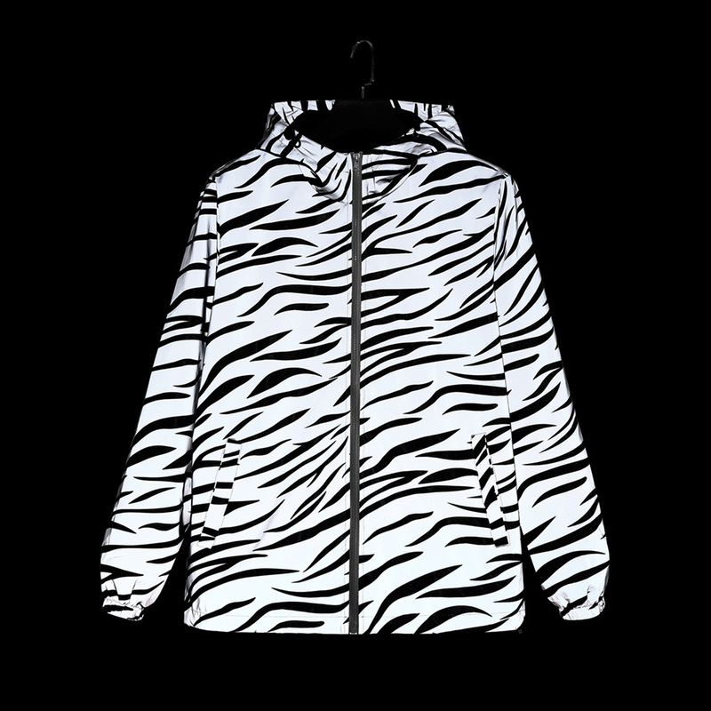Reflective Jacket Trendy Men's Spring Zebra Stripe Print Night Glow Coat High Street Hip-Hop Street Dance Clothing Cross-Border