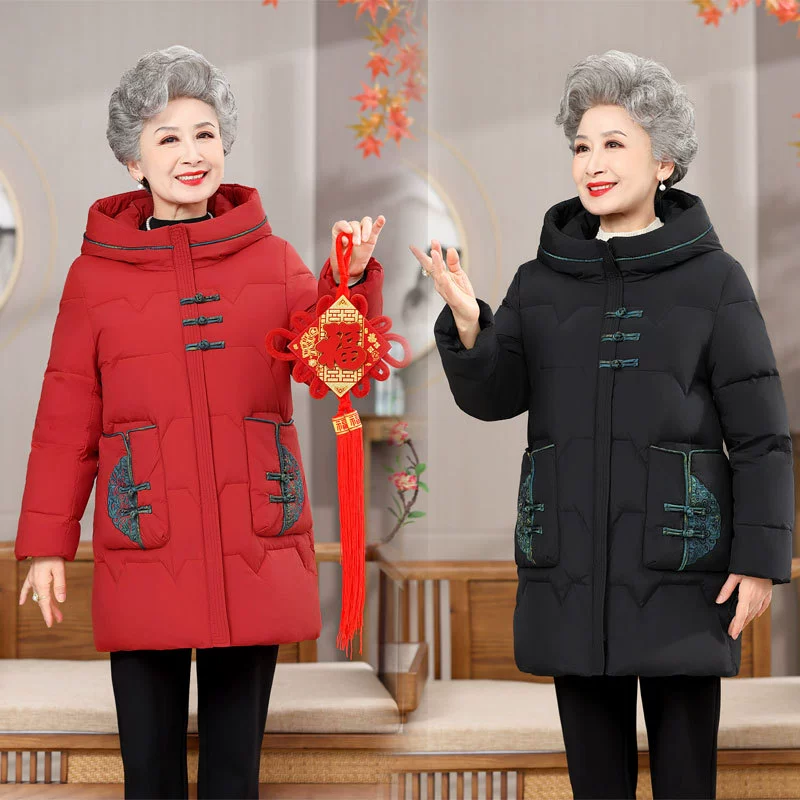 Зимнее пальто для среднего и пожилого возраста, утолщенный белый утиный пух с капюшоном, пуховик в иностранном стиле для мамы на осень и зиму