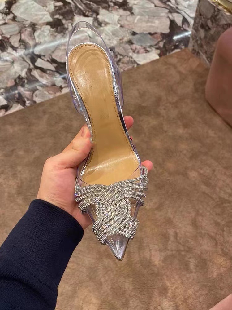 Silver Rhinestone High Heels Transparent Stiletto Mules Closed Toe Crystal Wedding Shoes Versatile Women's Sandals_voghion.com