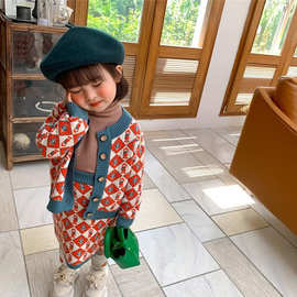 女童2025年新款洋气潮流宝宝针织开衫上衣+毛衣背带裙2件套 童装