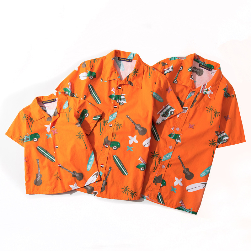 Thailand travel Men's cotton short-sleeved shirt summer thin extra fat casual youth flower shirt parent-child suit