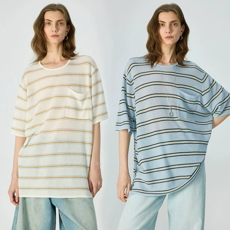 Свободная/модная футболка Lazy Tencel Triacetate с короткими рукавами и карманами в полоску