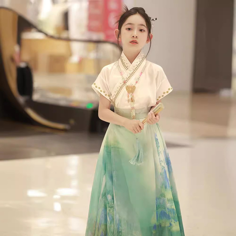 Girls' Hanfu Antique Tang Suit Little Girls' High-end National Fashion Skirt Children's Horse-faced Skirt suit Super Fairy Thin Summer