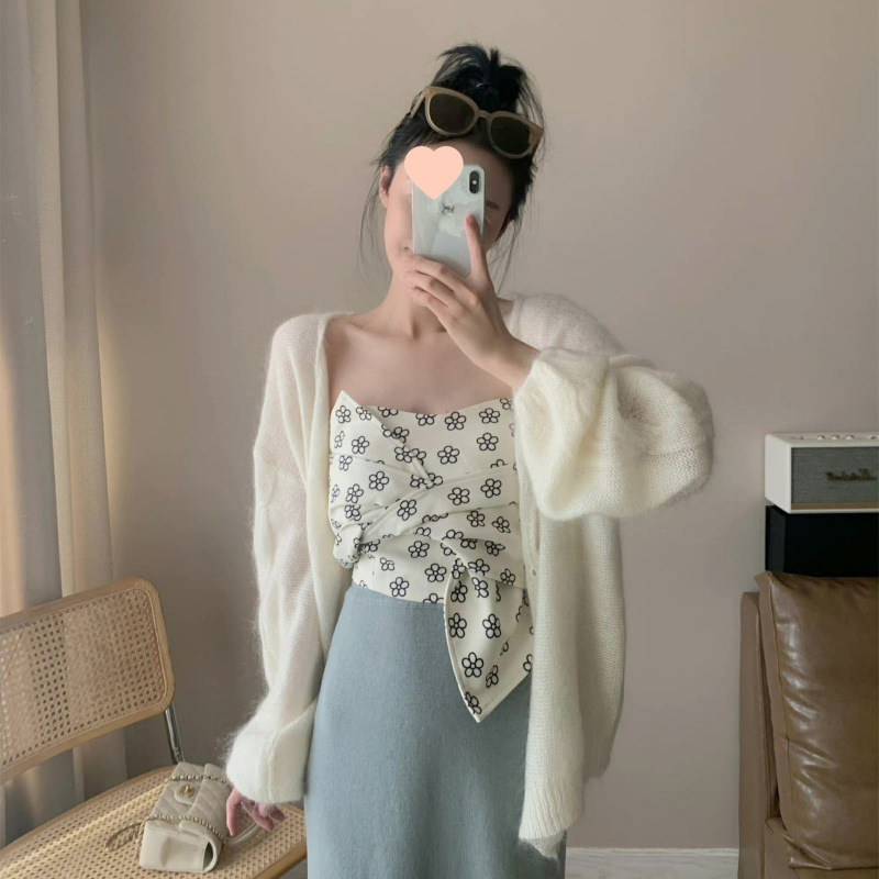 软糯蓝马海毛针织开衫女春秋款新款慵懒风宽松毛衣外套色上衣|undefined