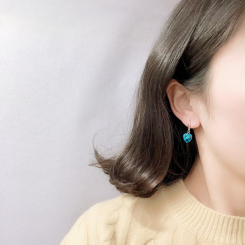Korean women's jewelry women's long heart of the ocean blue crystal temperament elegant personality princess ear hook earrings jewelry