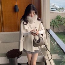 斗篷毛领披肩毛呢外套女2025冬季复古名媛气质小个子韩系呢子大衣