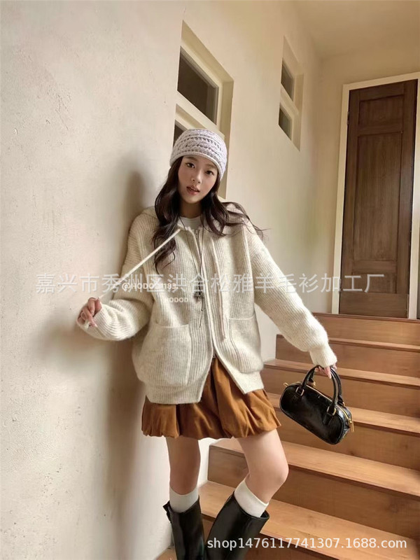 韩系纯色口袋连帽毛衣外套女秋冬新款慵懒风宽松百搭拉链针织开衫|undefined