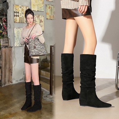 6632-51 women&apos;s retro high rise stacking boots with French pointed tips, slim and tall boots, not over the knee lon