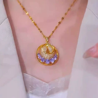 新款微镶镂空吊坠圆形紫色水晶项链短款首饰百搭流行气质链小众