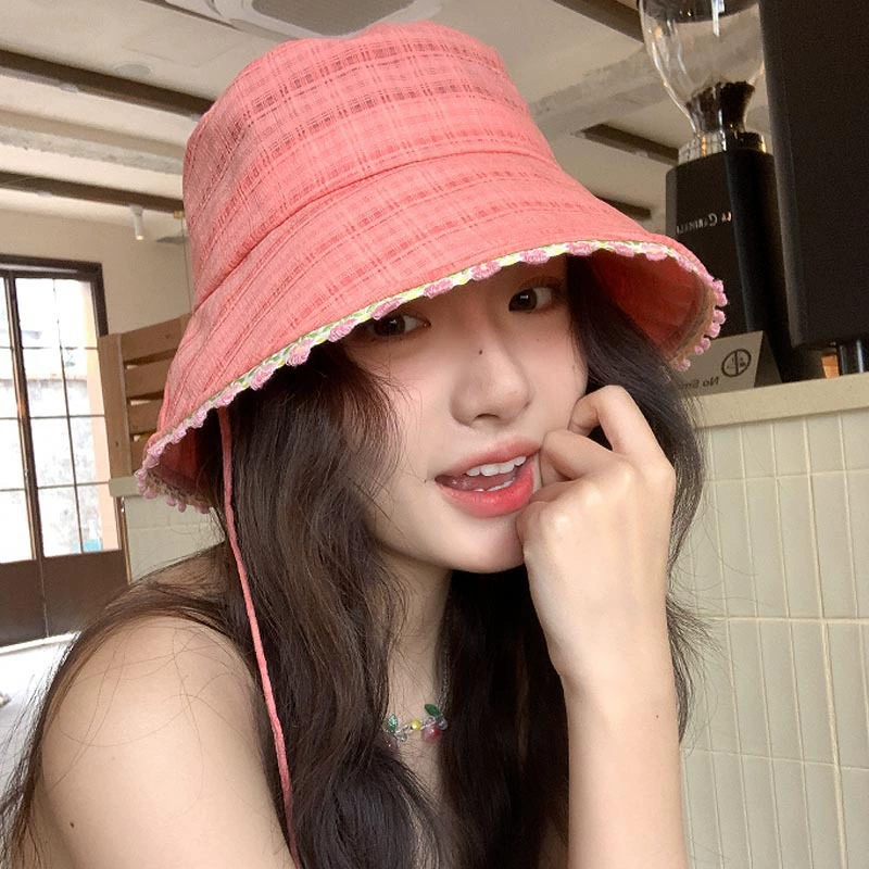 Sweet and cute lace blue fisherman hat women's spring and summer sunshade and sun protection basin hat outdoor large brim hiking hat trendy