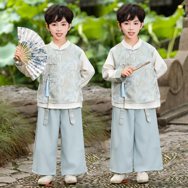 男童汉服套装春秋新款立领绣花上衣潮范中式儿童套装童装一件代发|undefined