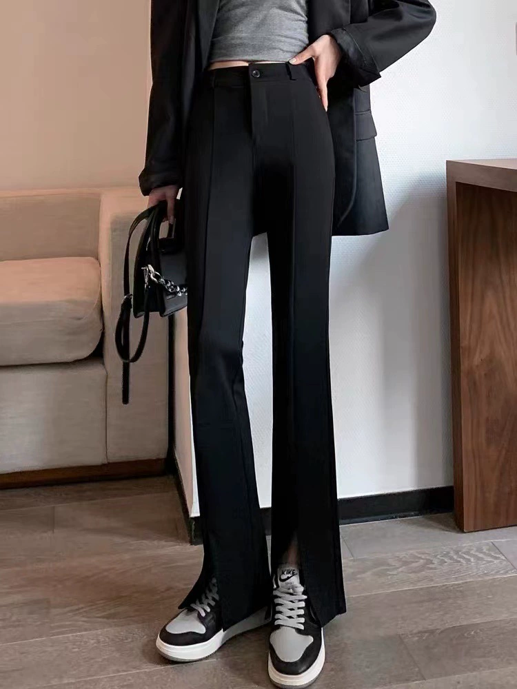 Широкие брюки с завышенной талией, облегающие petite осенний костюм pants с фронтальными разрезами, 2–3% эластичность