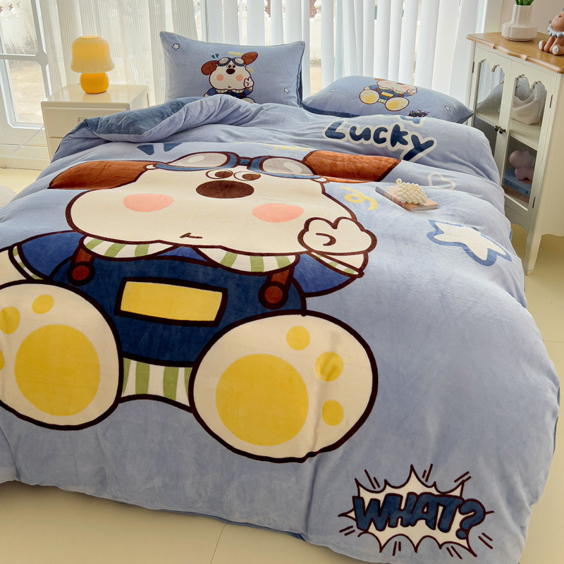 New Cute Style Milk Velvet Student Dormitory Bed Bed Sheets Three-Piece Set Cartoon Quilt Cover Pillowcase Bed Bed Sheets Four-Piece Set
