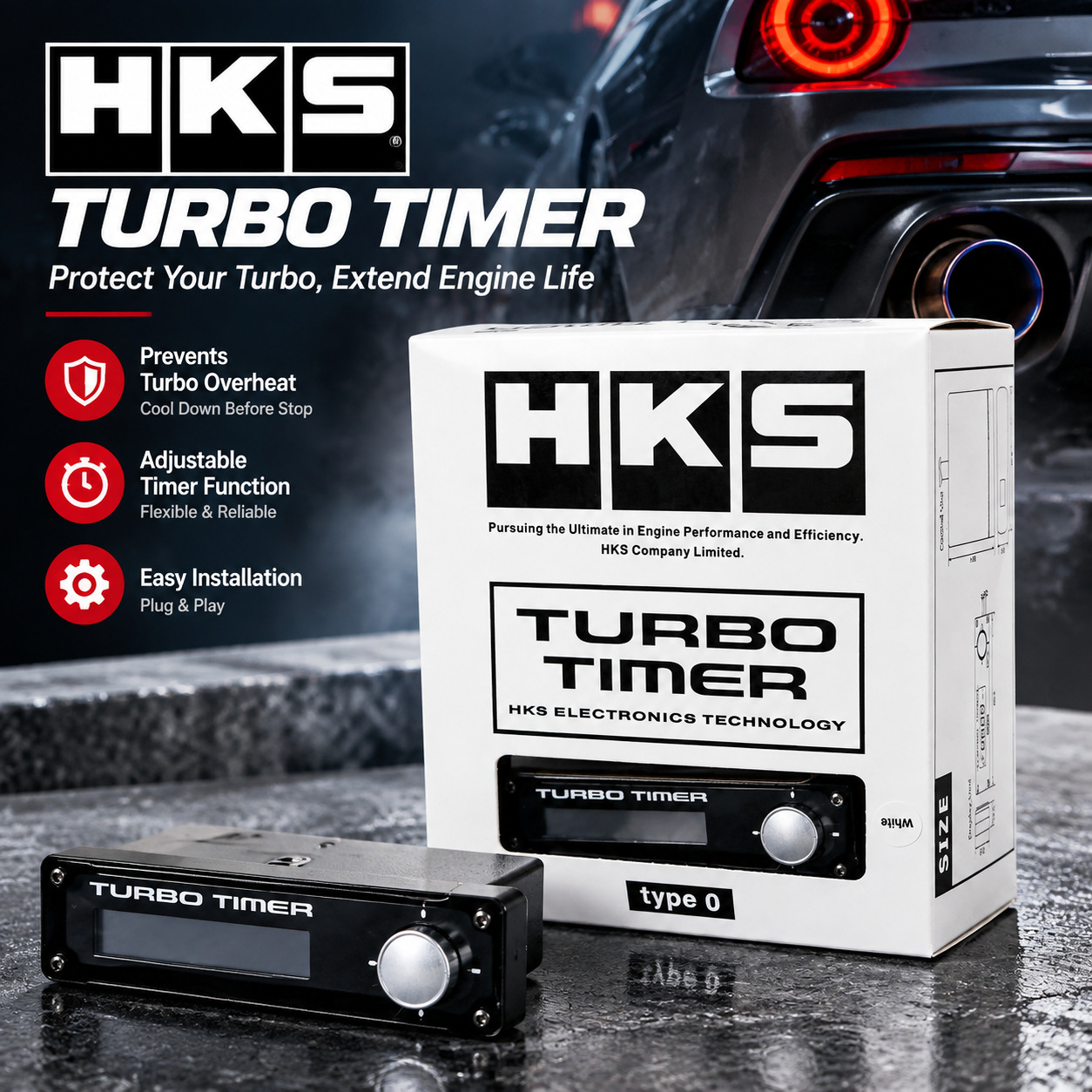 HKS car turbocharger timer, turbo delay shutdown protection, engine cooling timer, modified instrument panel