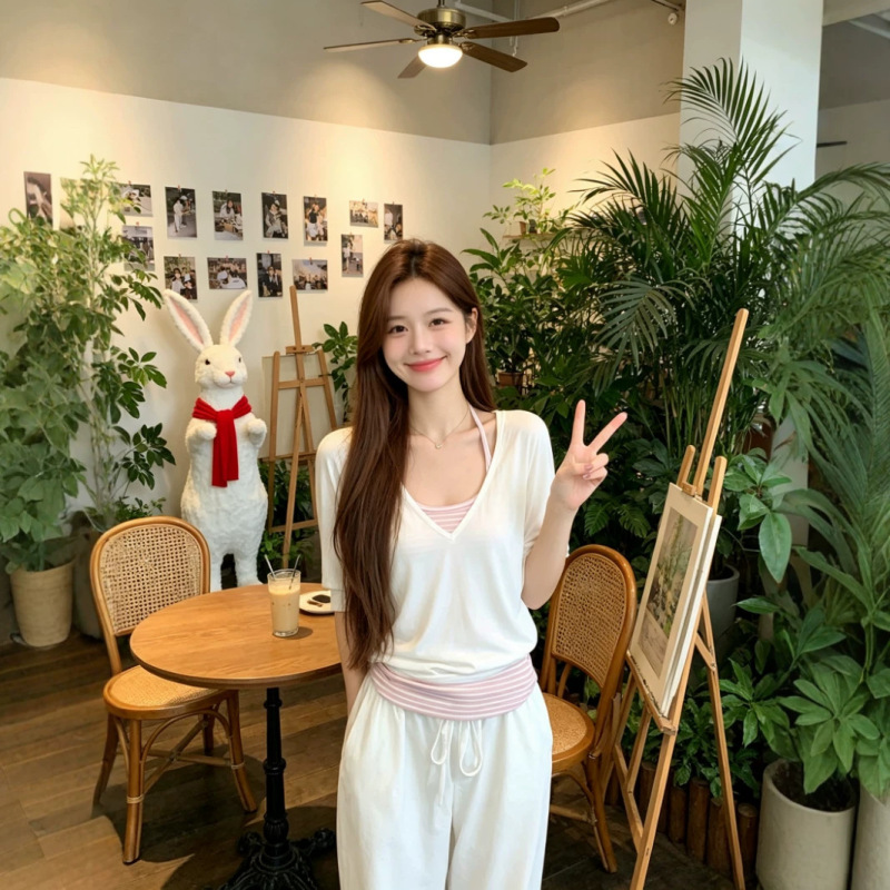 Korean-Style Sweet Outfit White V-Neck Short-Sleeve T-Shirt Cover-Up for Women Summer Casual Striped Color-Block Halter Neck Tank Top