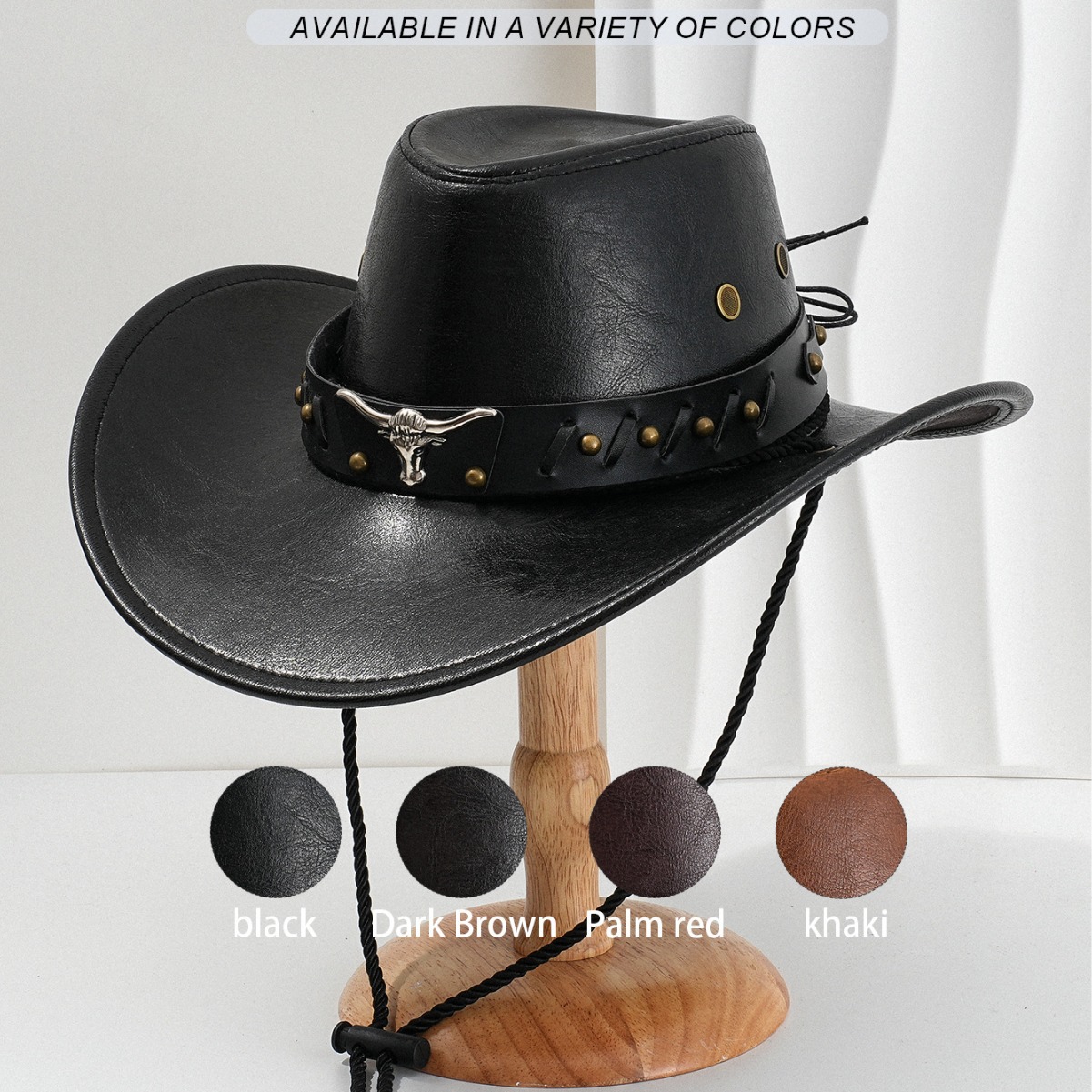 Explosiones transfronterizas de estilo masculino y masculino de piel PU sombrero de vaquero único punk cabeza de vaca cuero metal remaches cinturón fiesta de campamento