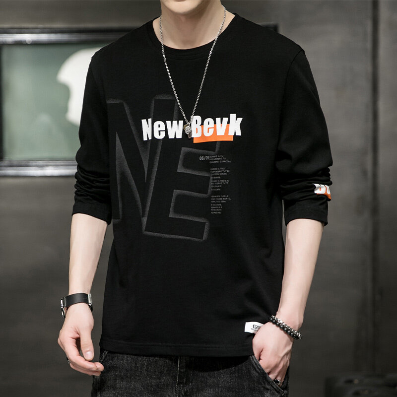 0317春秋季圆领长袖T恤男士纯棉宽松潮流体恤衣服男打底衫上衣