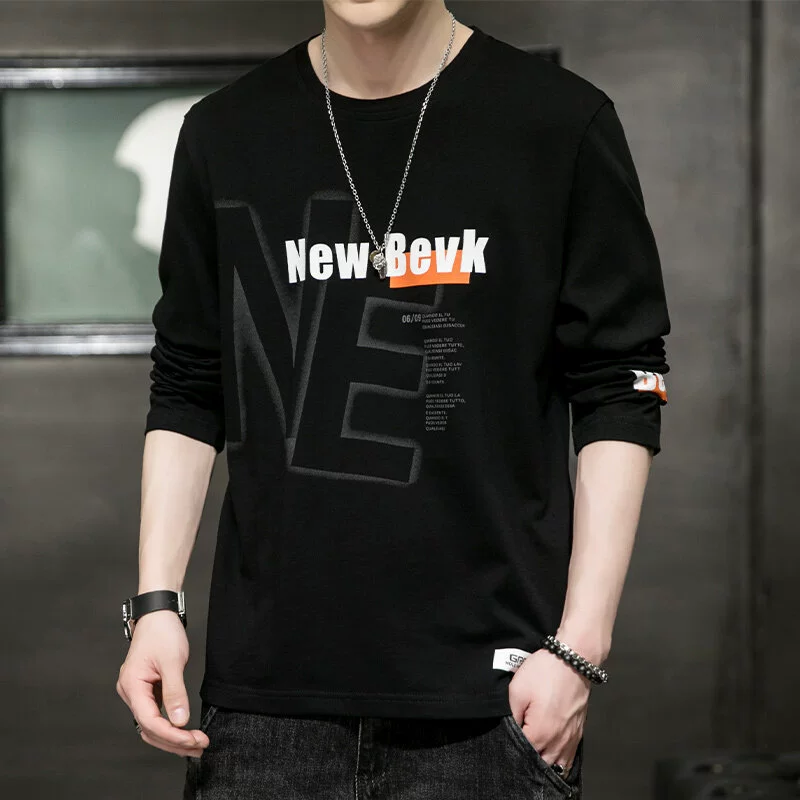 0317 Весенне-осенняя футболка с круглым вырезом и длинными рукавами, Мужская свободная модная футболка из чистого хлопка, Мужская Базовая рубашка, Топ