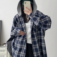 韩版复古连帽格子衬衫女春秋装宽松慵懒风大码衬衣外套