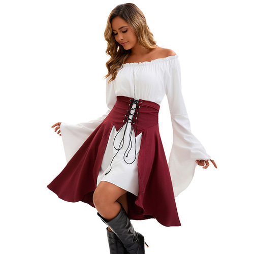 Halloween European and Medieval Renaissance Long Sleeve Bodice Corset Top Pirate Shirt Women Stage Performance Costume