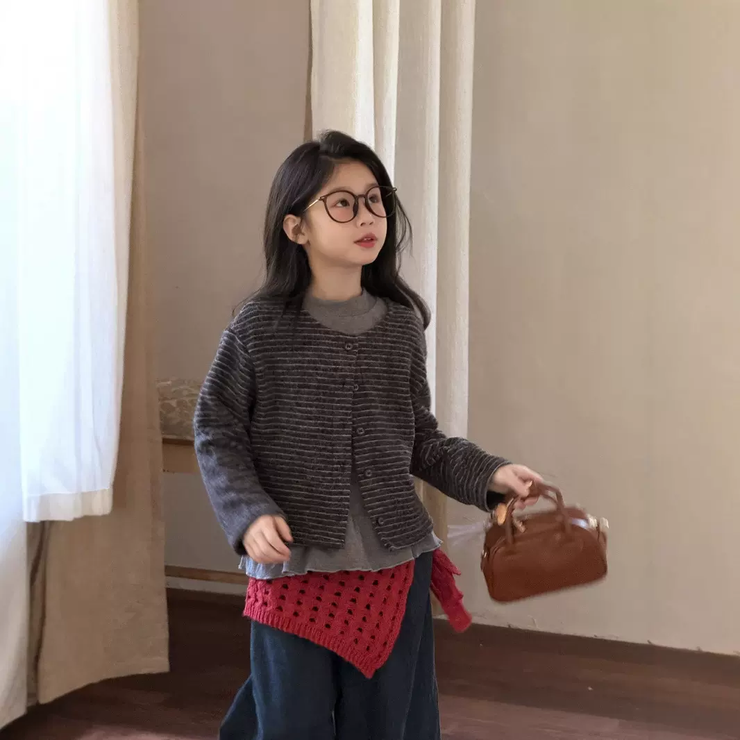 童开衫2025秋季女童韩版条纹圆领开衫儿童宽松休闲复古风上衣外套