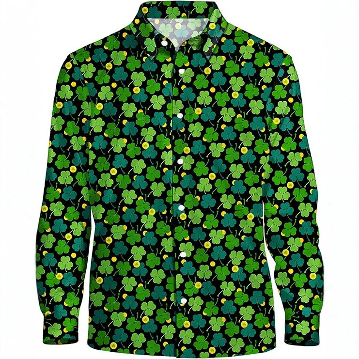 2026 New European and American Cross-Border Men's Long-Sleeved Shirt with Black Background and Full-Print Clover and Gold Coin 3D Digital Print Shirt 2026 New European and American Cross-Border Men's Long-Sleeved Shirt with Black Background and Full-Print Clover and Gold Coin 3D Digital Print Shirt