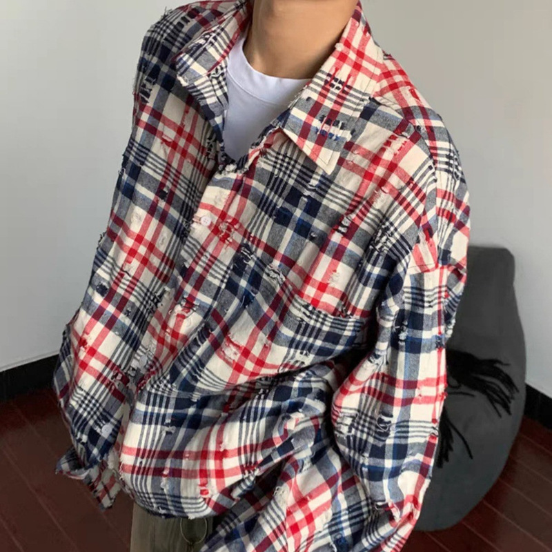 American Style Retro Hole Flower Shirt Men's Autumn Design Color-matching Striped Long-sleeved Shirt Bf Boyfriend Style Top American Style Retro Hole Flower Shirt Men's Autumn Design Color-matching Striped Long-sleeved Shirt Bf Boyfriend Style Top
