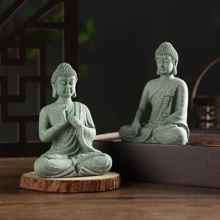 Green sand stone Buddha statue decoration micro landscape fish tank landscape rockery bonsai living room Zen tea desktop stone small sitting Buddha