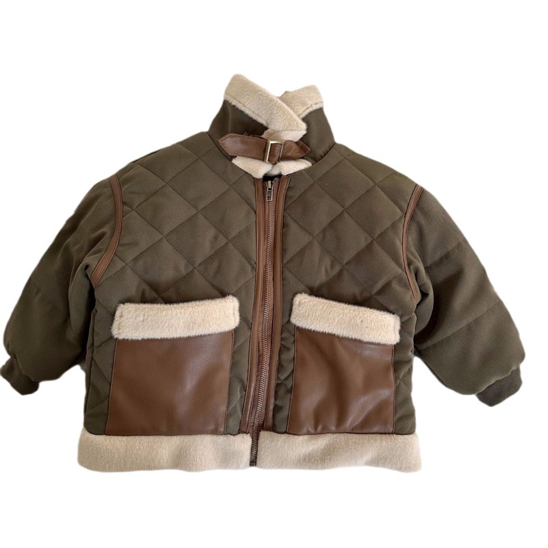2023 Invierno nuevo estilo coreano de los niños engrosados de algodón acolchado abrigo niños y niñas contraste color peluquero acolchado abrigo escocesa abrigo