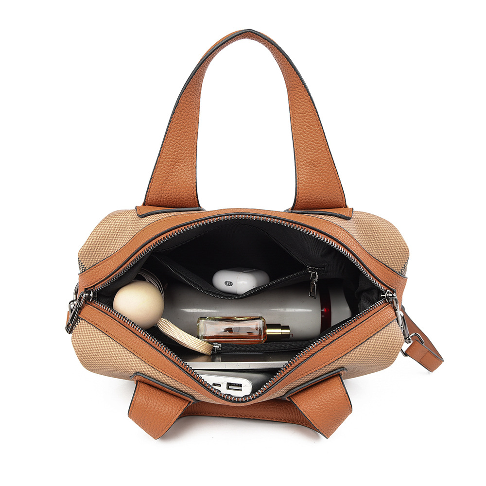 Women's New Fashion Boston Handbag Simple Large Capacity Plaid Commuter Bag - Thumbnail 3