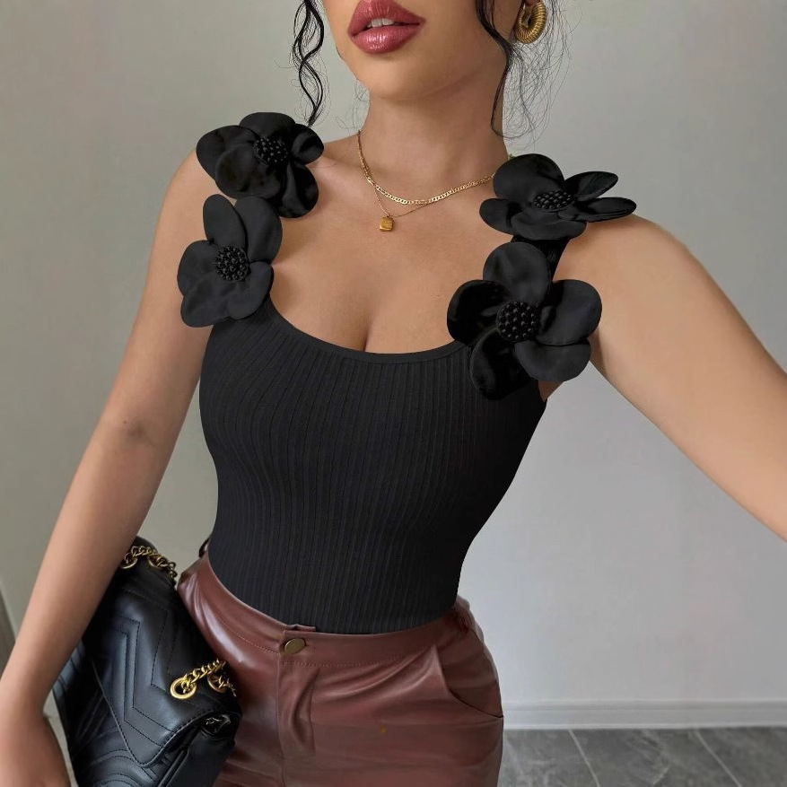 Maglietta sexy da donna, nuova moda, con fiori tridimensionali, senza maniche, elegante, in maglia, casual, primavera/estate._voghion.com