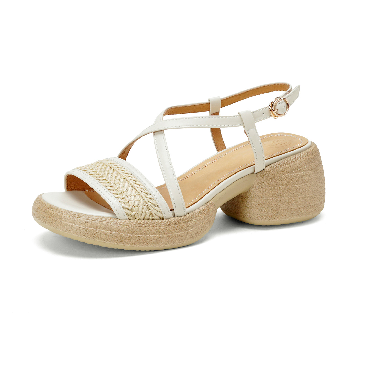 Sandal cao gót nữ mũi hở quai chéo khóa ngang gót dày — Màu nâu nhạt chi tiết 16